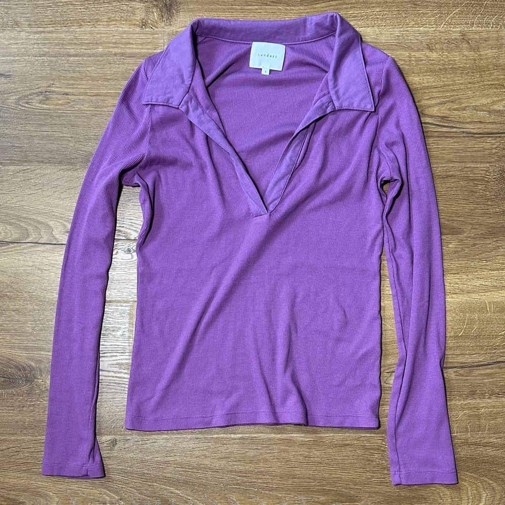 Sundays Deep V-Neck Collar Purple Long Sleeve Ribbed Top Small